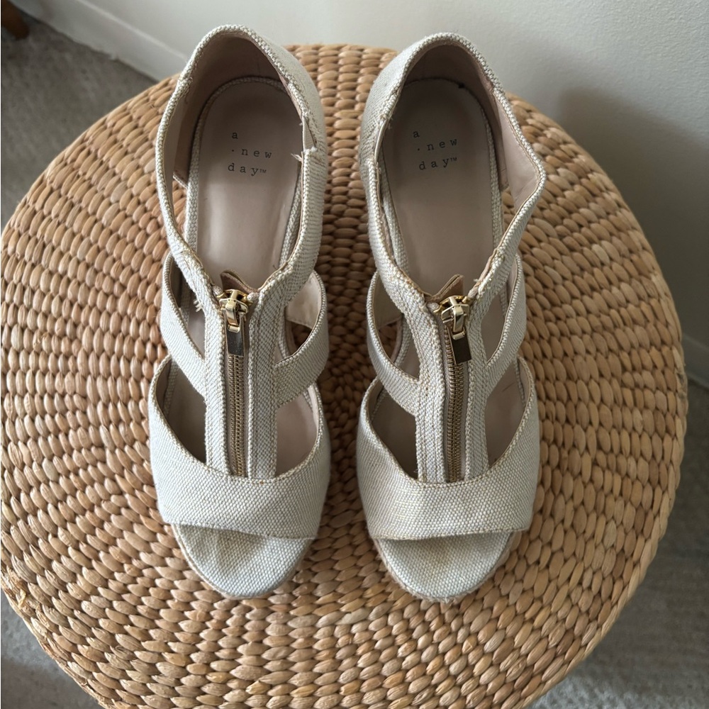 Beige Canvas Zip-Front Espadrille Wedge Sandals | Strappy Summer Platform Shoes